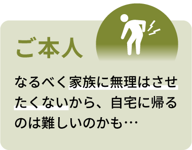 ご本人：なるべく家族に無理はさせたくないから、⾃宅に帰るのは難しいのかも…